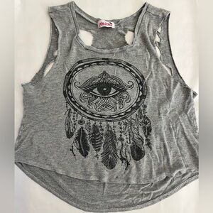 Madrag Crop Tank Top Shredded Back Lotus Flower Eye Dream Catcher Graphic M